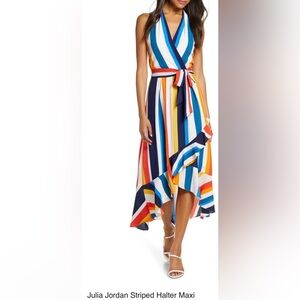 Julia Jordan Striped Halter Maxi Dress Multicolor High-Low Ruffle Size 10